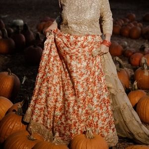 Indian Punjabi Lengha Creme color and orange floral